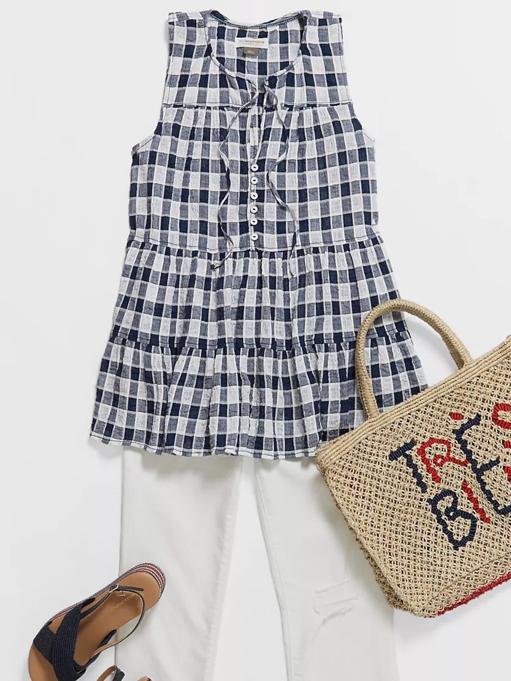 Anthropologie || Pilcro Neve Gingham‎ Tiered Blouse Sleeveless Navy Blue Small